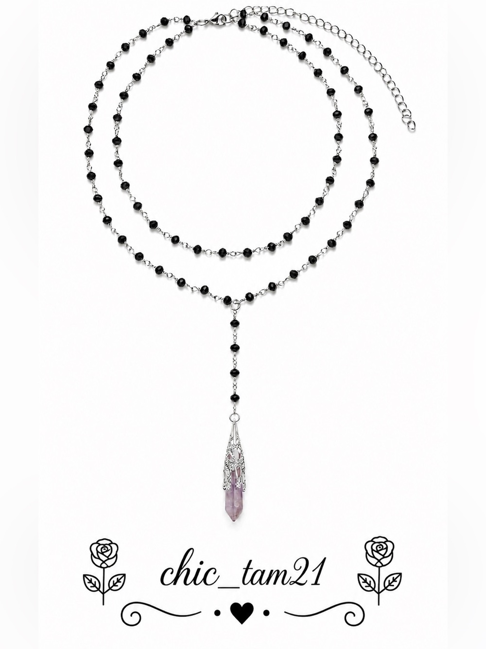 Silver and Black Beaded Lariat Necklace with Amethyst Pendant